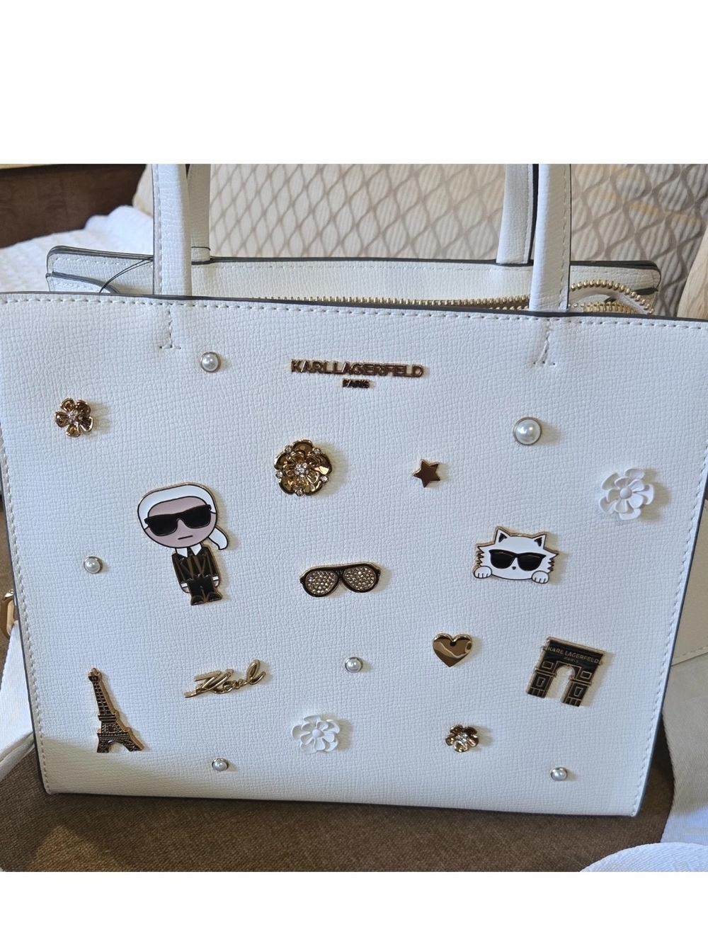 Karl Lagerfeld White Embellished Tote Bag
